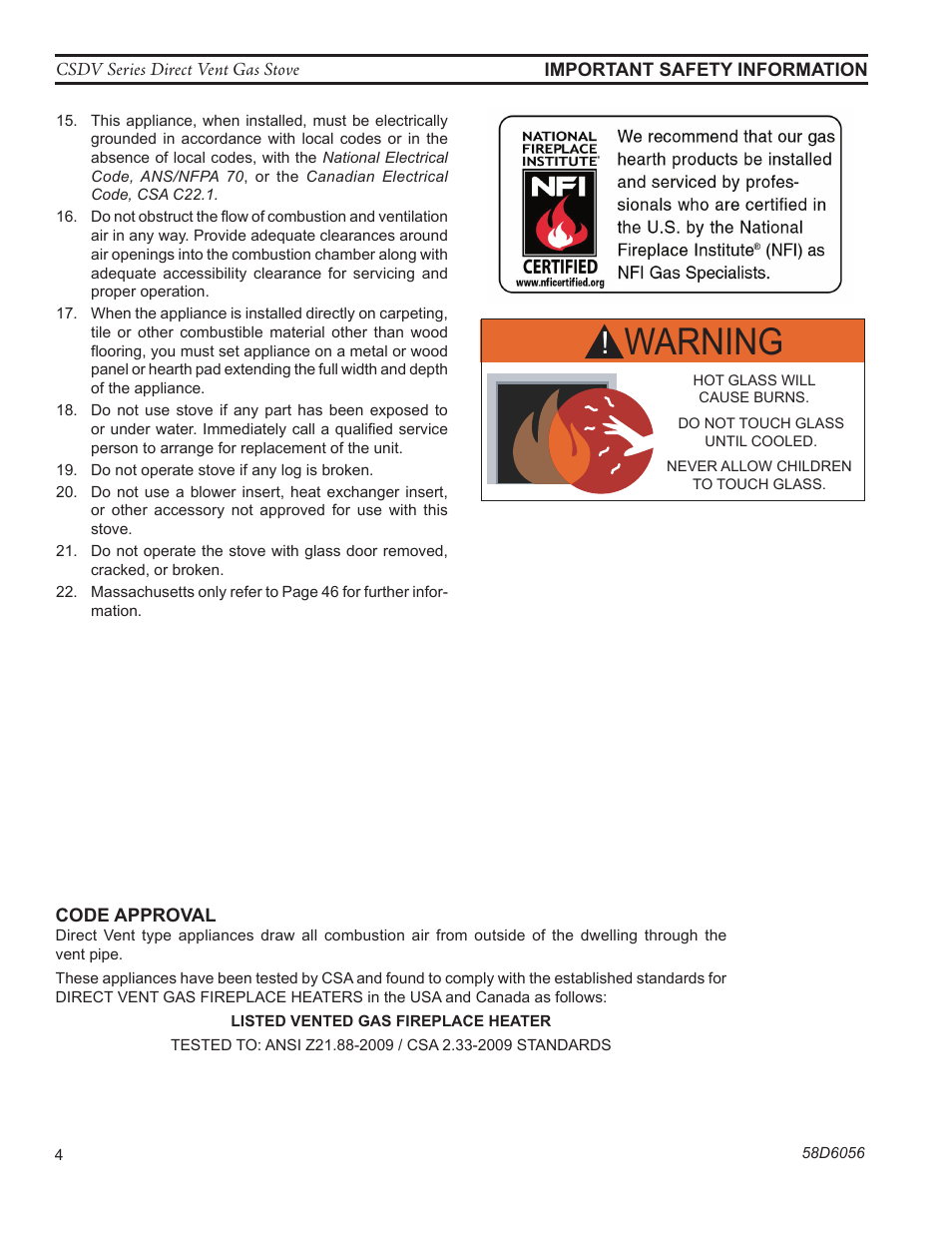 Warning | Monessen Hearth CSDV40SLP User Manual | Page 4 / 44