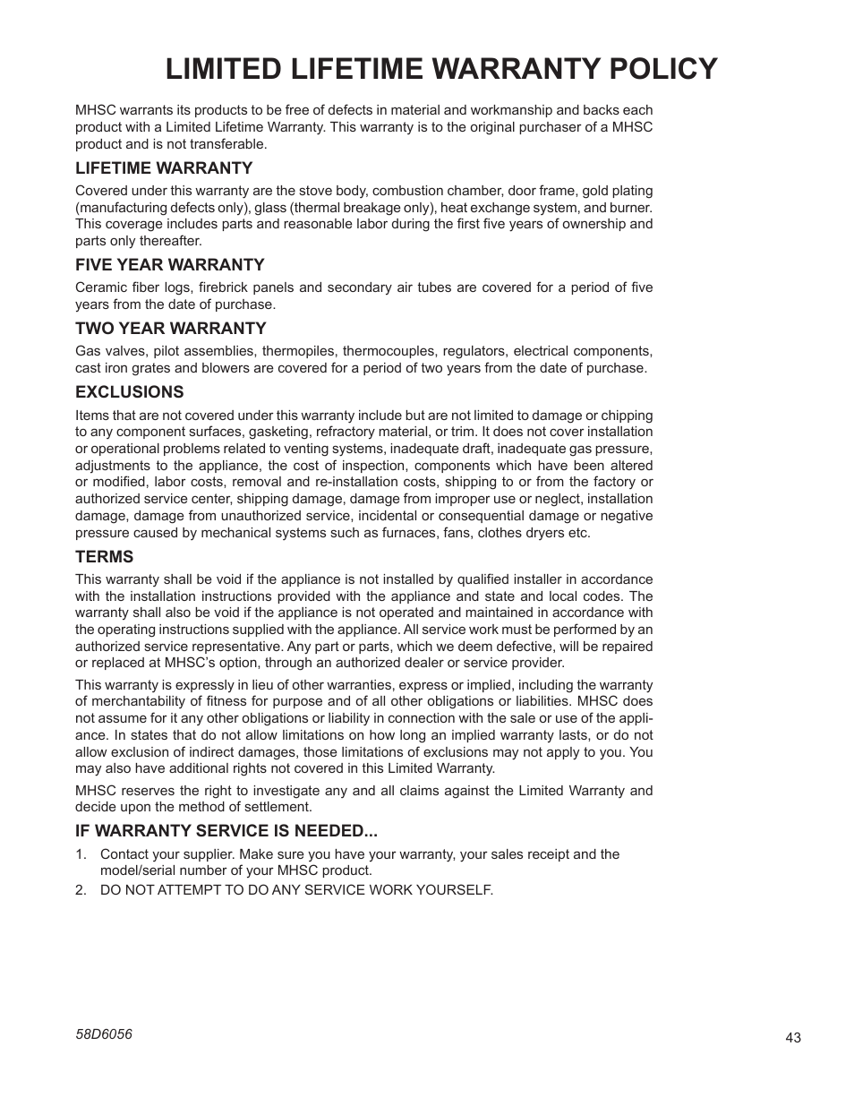 Limited lifetime warranty policy | Monessen Hearth CSDV40SLP User Manual | Page 43 / 44