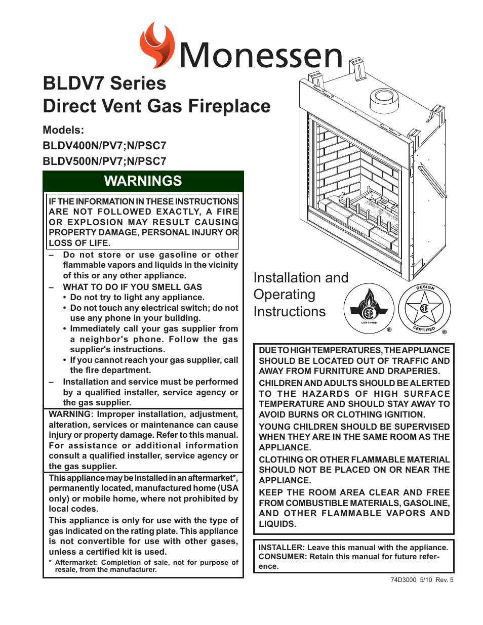 Monessen Hearth BLDV7 SERIES BLDV500N/PV7;N/PSC7 User Manual | 60 pages