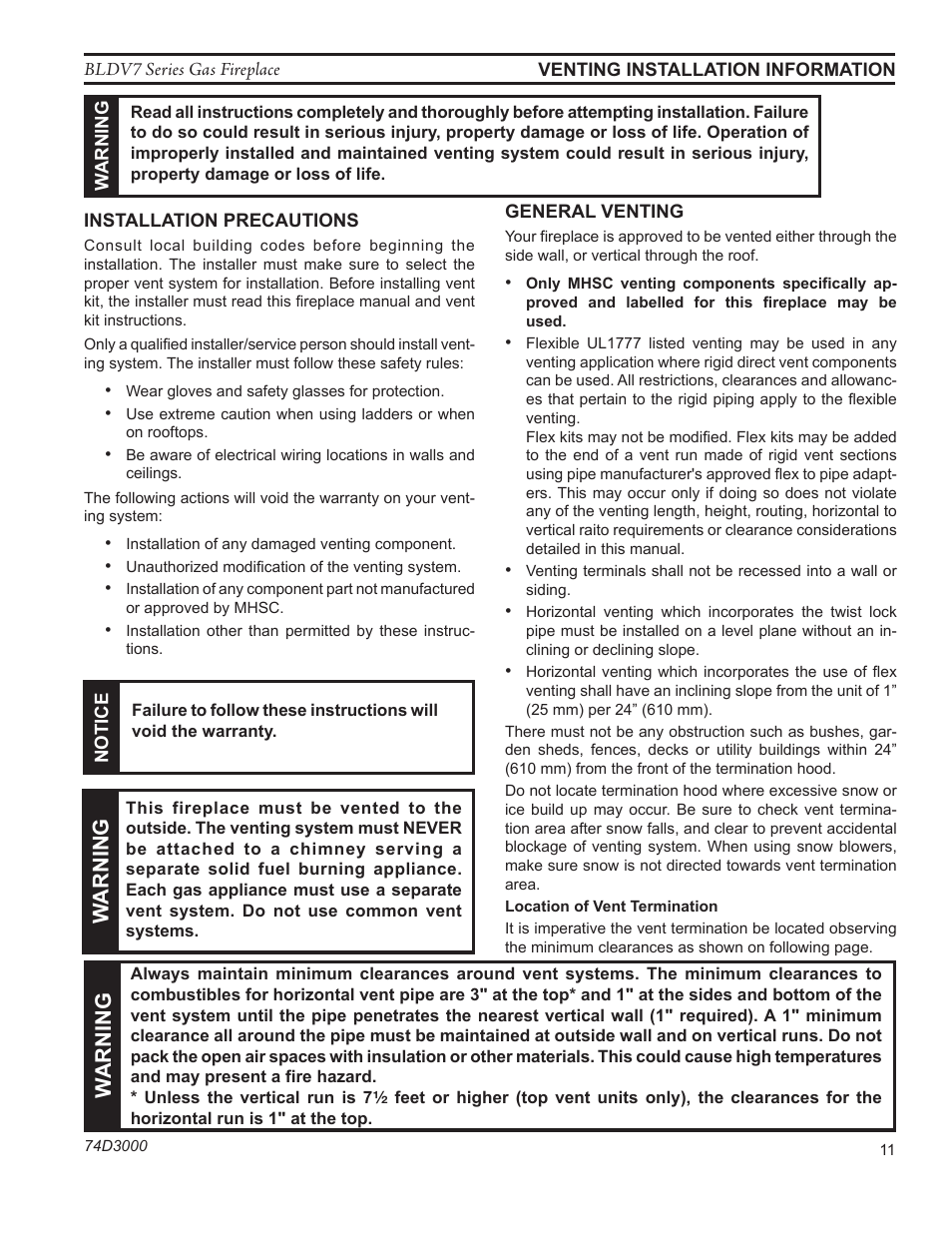 Warn in g | Monessen Hearth BLDV7 SERIES BLDV500N/PV7;N/PSC7 User Manual | Page 11 / 60