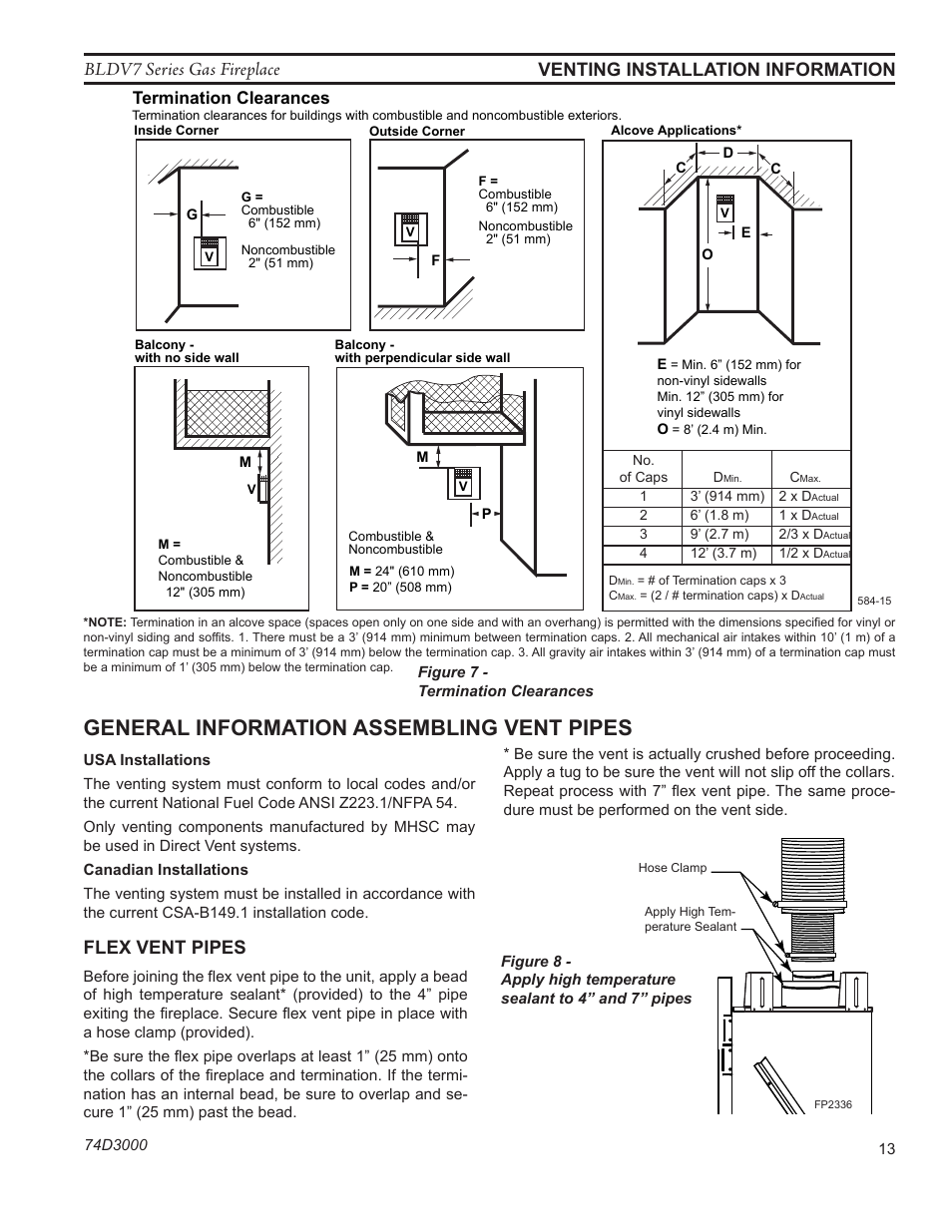 Fp2336 flex vent top, General information assembling vent pipes, Bldv7 series gas fireplace | Venting installation information, Flex vent pipes, Termination clearances | Monessen Hearth BLDV7 SERIES BLDV500N/PV7;N/PSC7 User Manual | Page 13 / 60