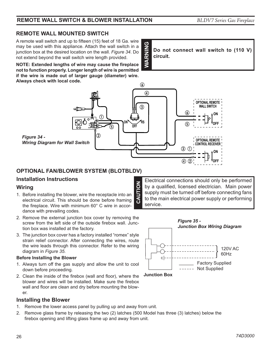 Remote wall switch & blower installation, Installing the blower, Warn in g | Monessen Hearth BLDV7 SERIES BLDV500N/PV7;N/PSC7 User Manual | Page 26 / 60