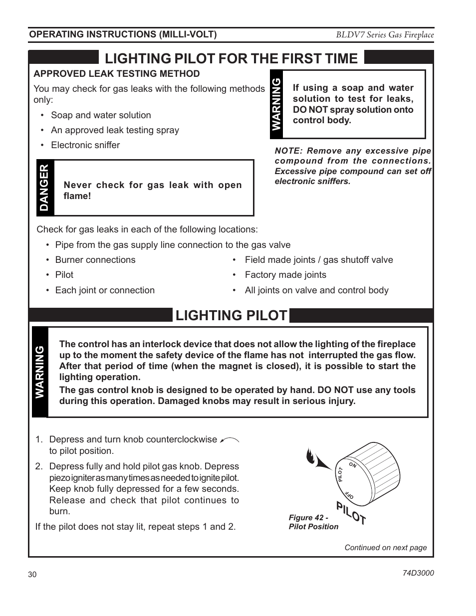 Lighting pilot, Lighting pilot for the first time, Pilot | Warn in g, Dan g er | Monessen Hearth BLDV7 SERIES BLDV500N/PV7;N/PSC7 User Manual | Page 30 / 60