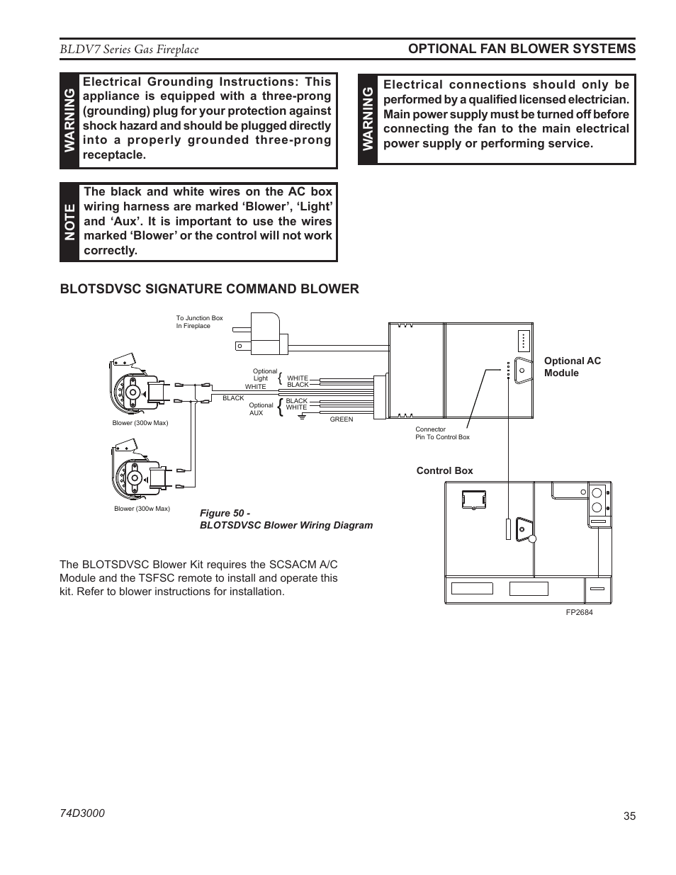 Bldv7 series gas fireplace, Fp2684 blotsdvsc fan wiring, Warn in g | Blotsdvsc signature command blower | Monessen Hearth BLDV7 SERIES BLDV500N/PV7;N/PSC7 User Manual | Page 35 / 60