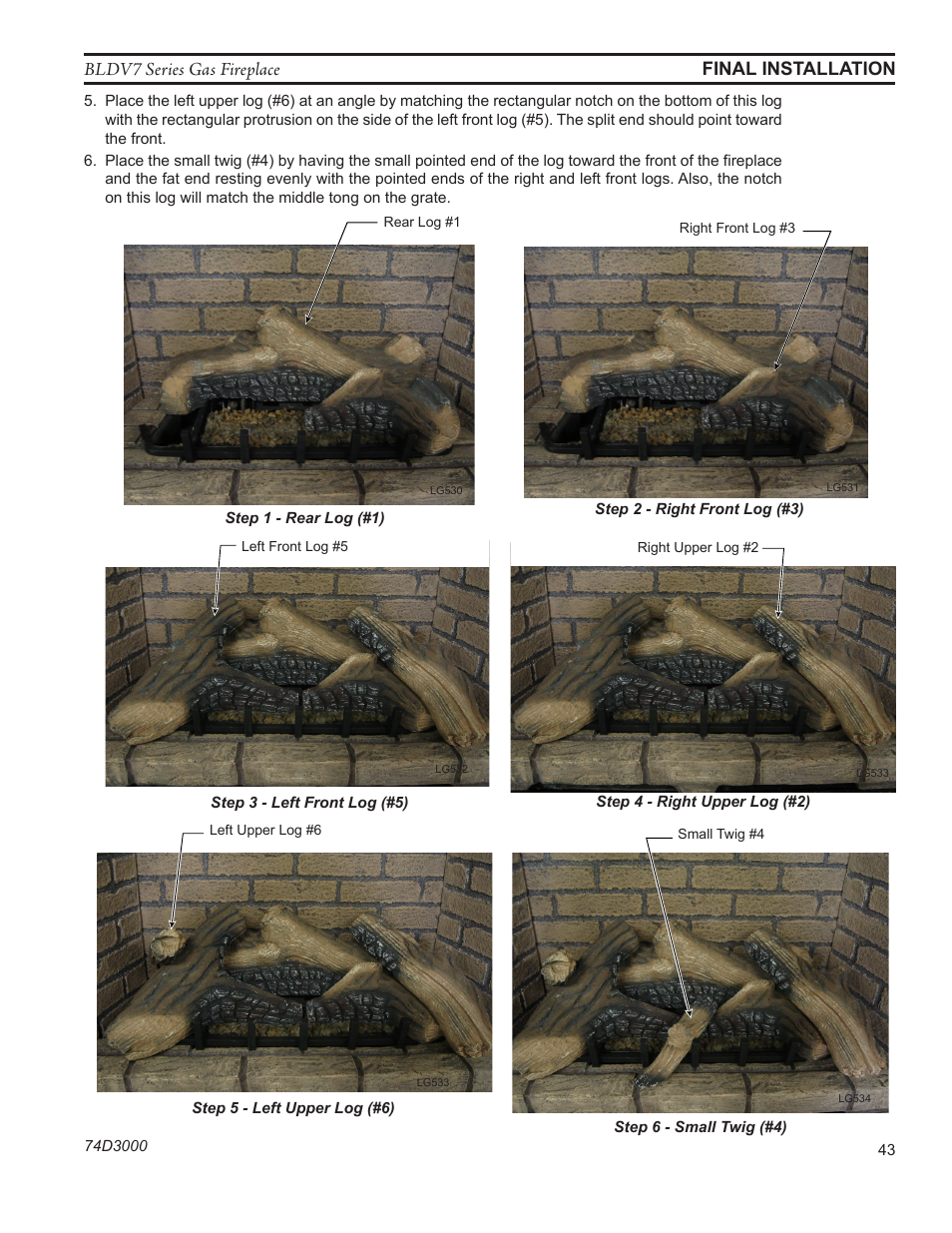 Bldv7 series gas fireplace, Final installation | Monessen Hearth BLDV7 SERIES BLDV500N/PV7;N/PSC7 User Manual | Page 43 / 60