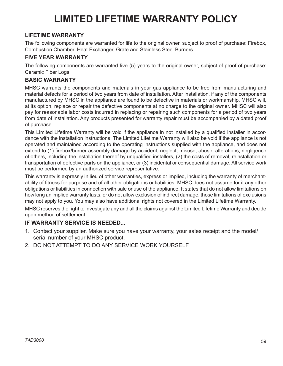 Limited lifetime warranty policy | Monessen Hearth BLDV7 SERIES BLDV500N/PV7;N/PSC7 User Manual | Page 59 / 60