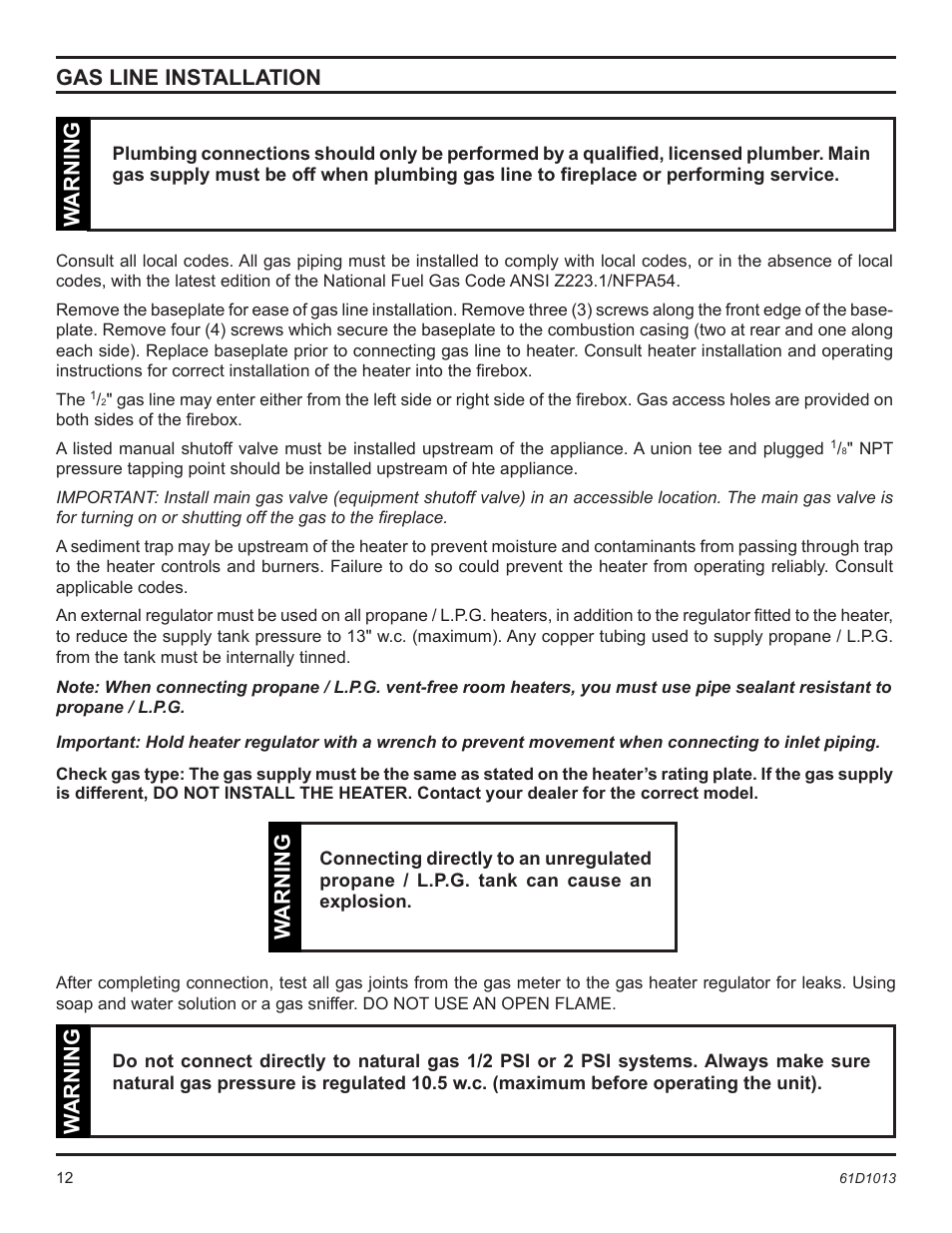 Gas line installation, Warning | Monessen Hearth BUF400 User Manual | Page 12 / 20