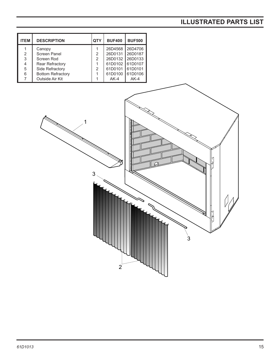 Illustrated parts list | Monessen Hearth BUF400 User Manual | Page 15 / 20