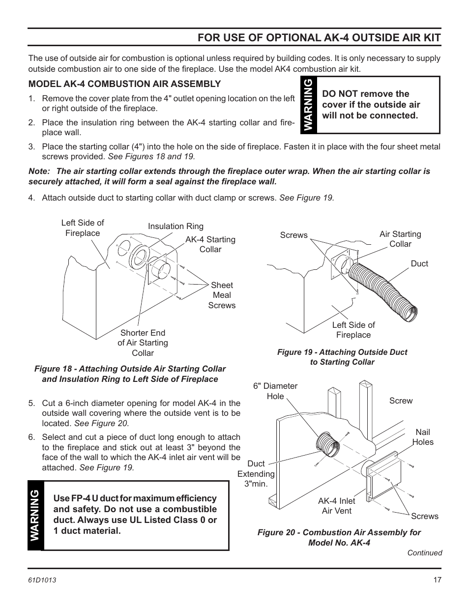 For use of optional ak-4 outside air kit, Warning | Monessen Hearth BUF400 User Manual | Page 17 / 20
