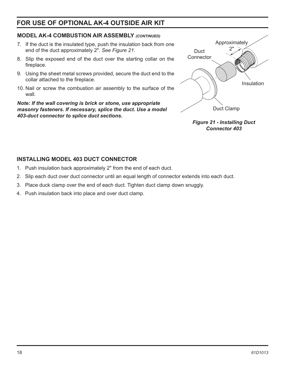 For use of optional ak-4 outside air kit | Monessen Hearth BUF400 User Manual | Page 18 / 20