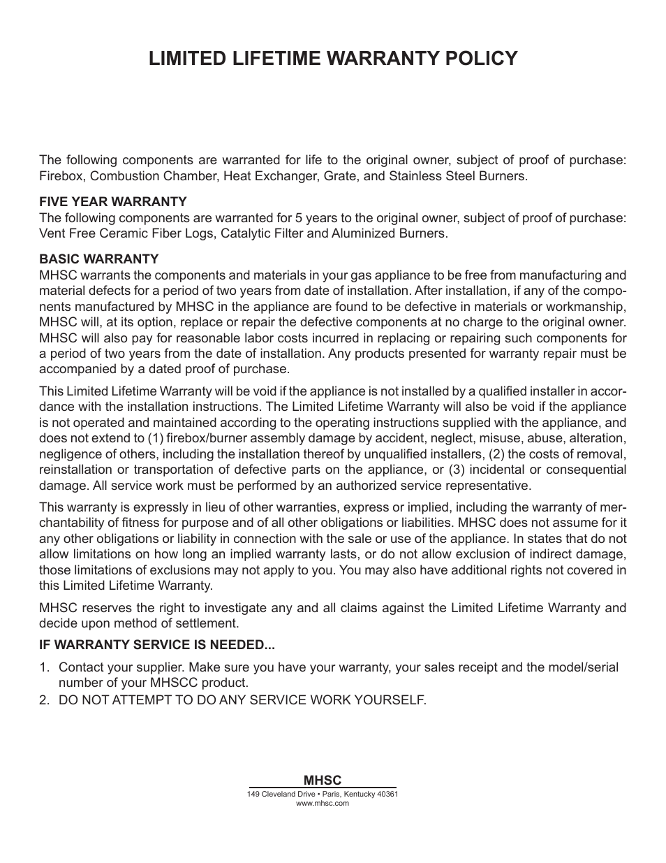 Limited lifetime warranty policy | Monessen Hearth BUF400 User Manual | Page 20 / 20