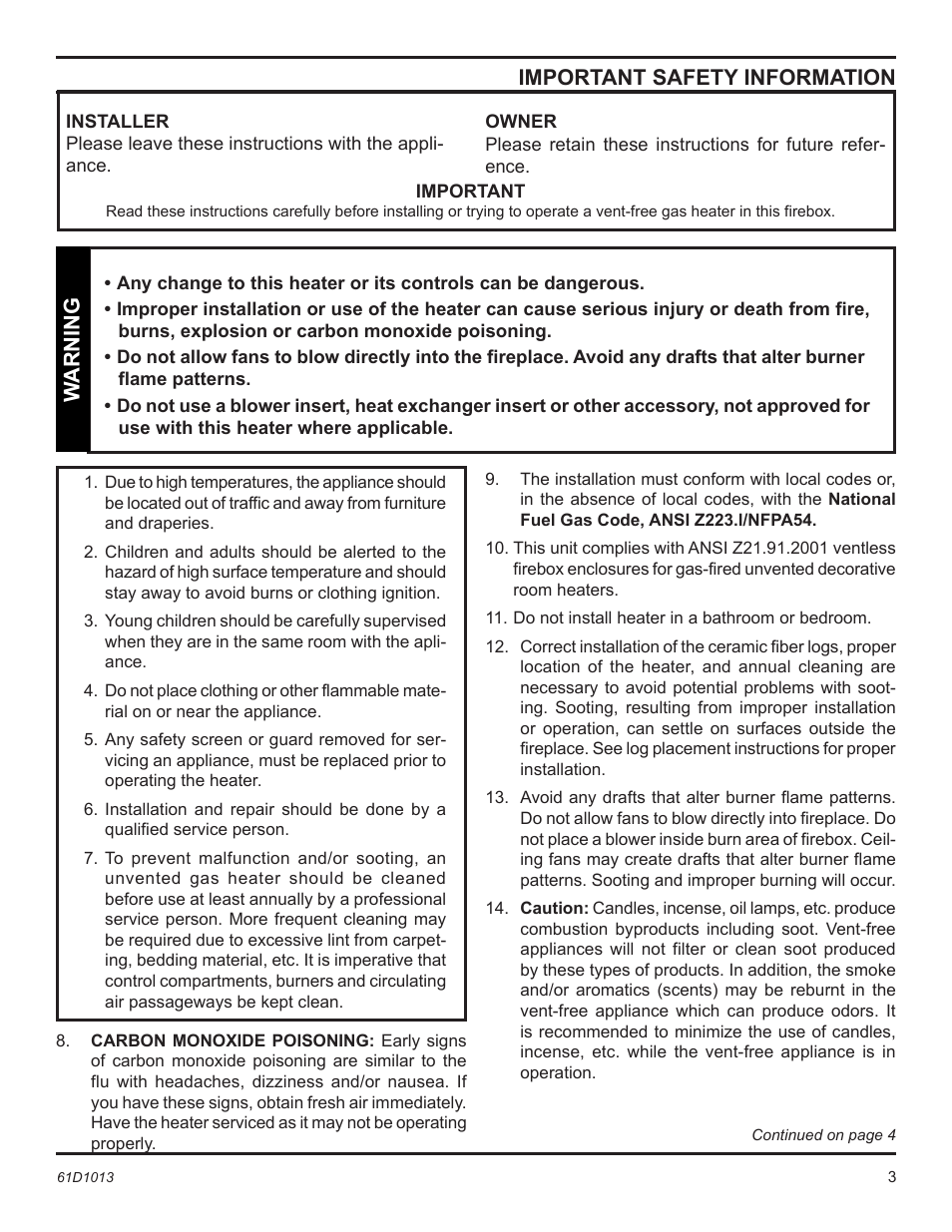 Important safety information, Warning | Monessen Hearth BUF400 User Manual | Page 3 / 20