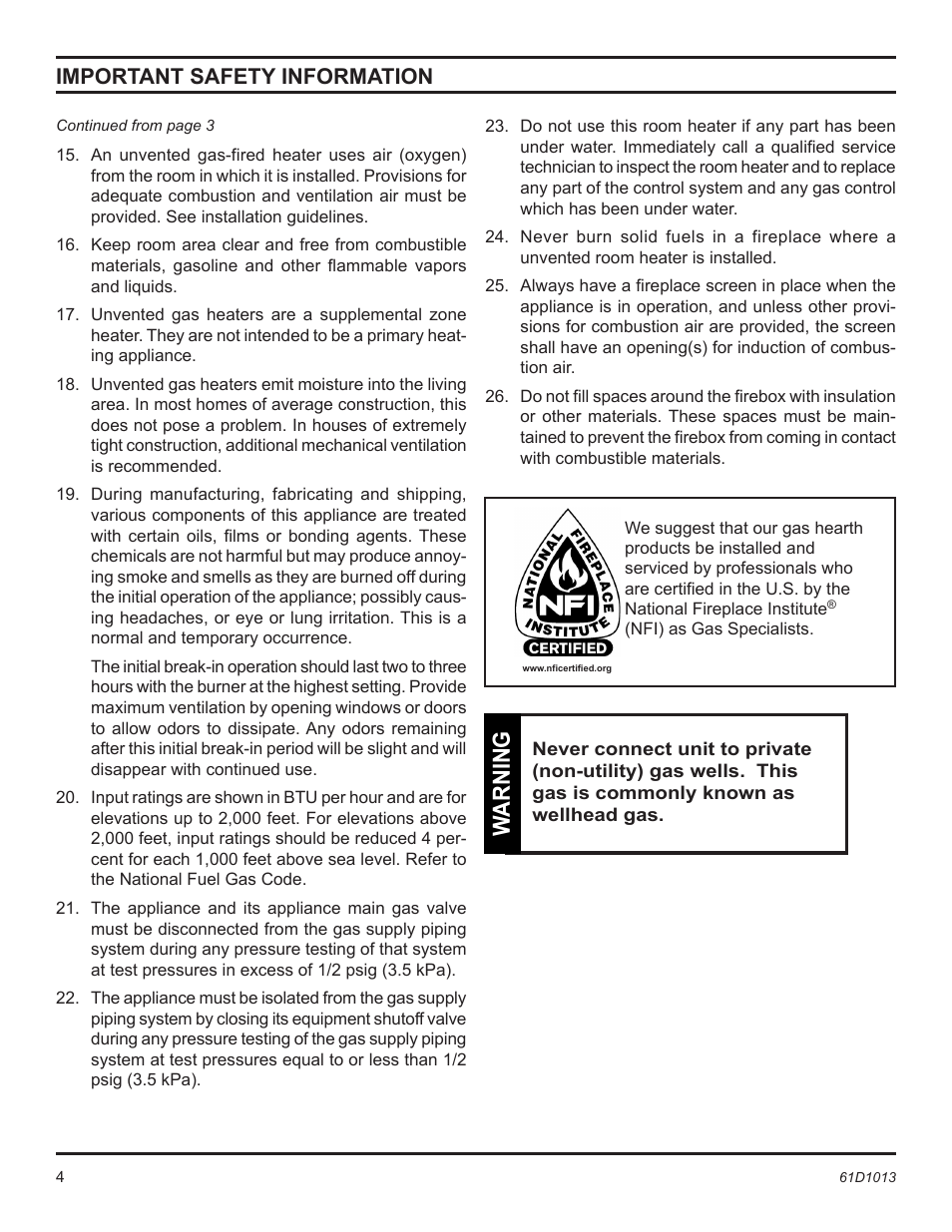 Warning, Important safety information | Monessen Hearth BUF400 User Manual | Page 4 / 20