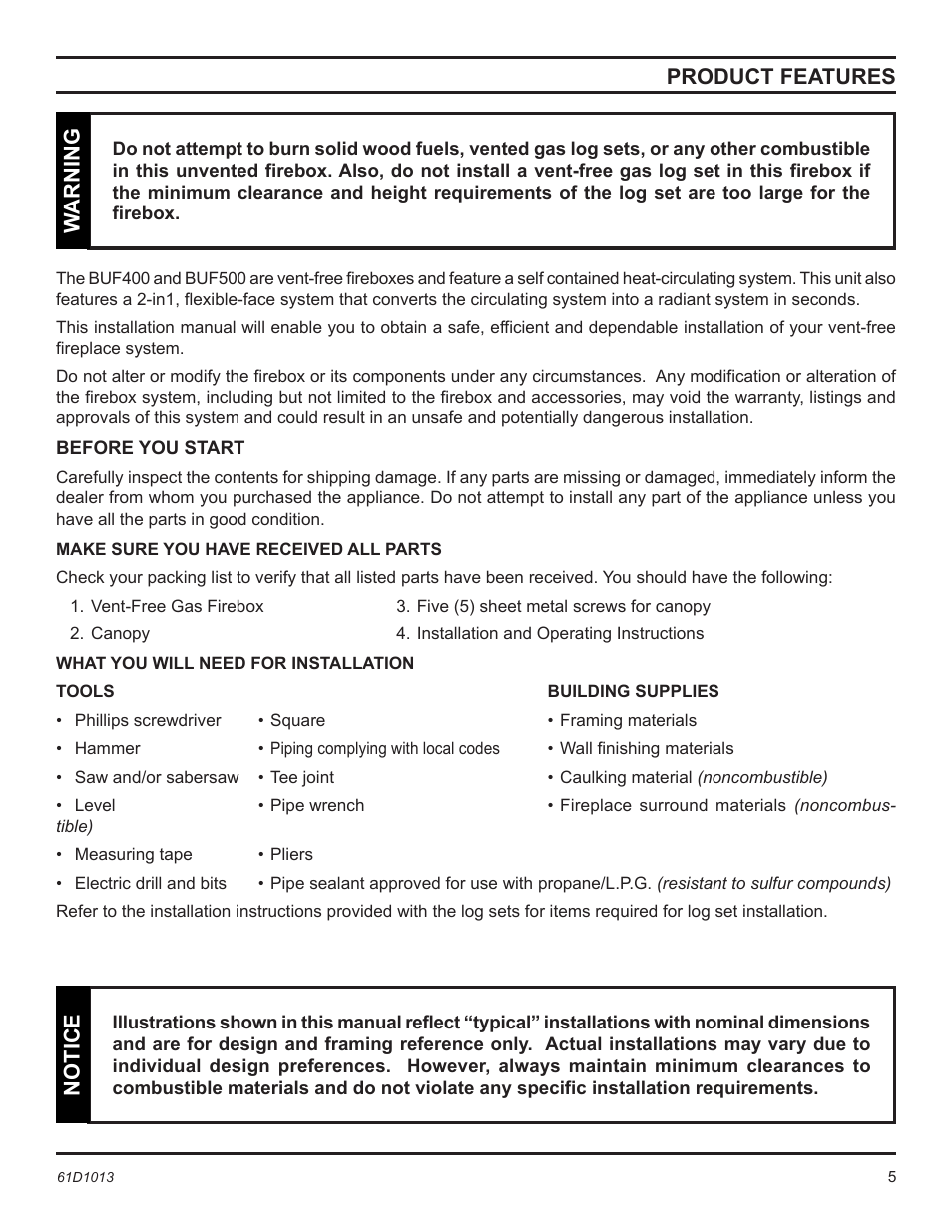 Product features, Warning, Notice | Monessen Hearth BUF400 User Manual | Page 5 / 20