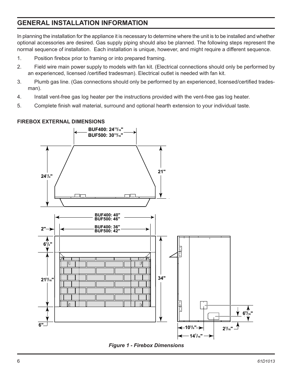 General installation information, Figure 1 - firebox dimensions | Monessen Hearth BUF400 User Manual | Page 6 / 20