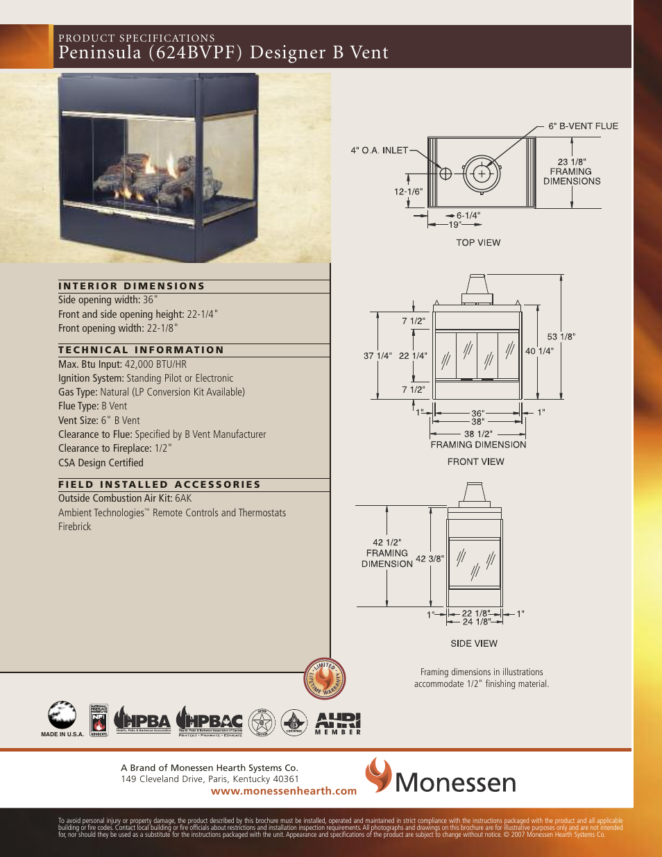 Monessen Hearth 624BVPF User Manual | 1 page