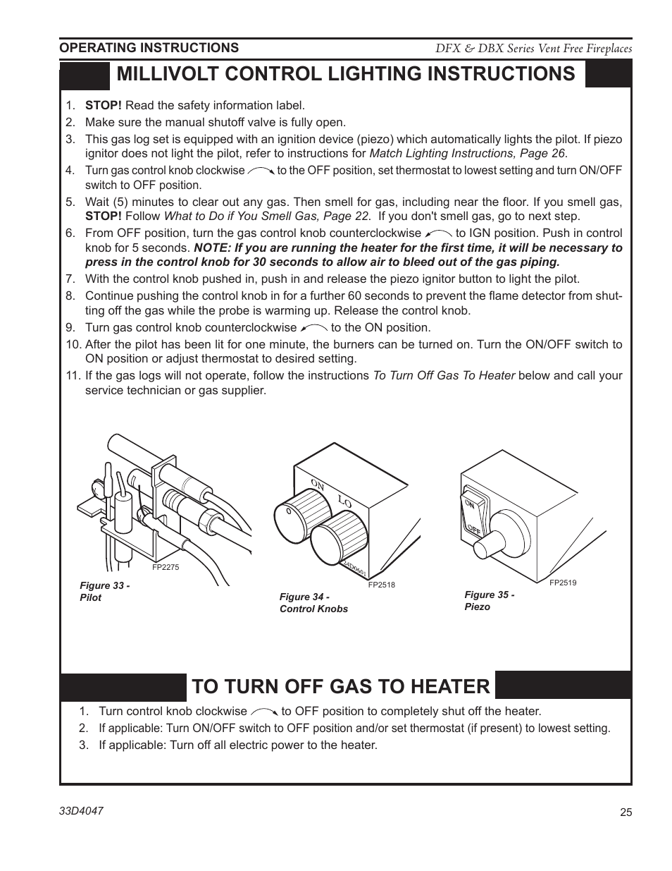 Millivolt control lighting instructions, Fp2518 control knob | Monessen Hearth DFX24C User Manual | Page 25 / 36