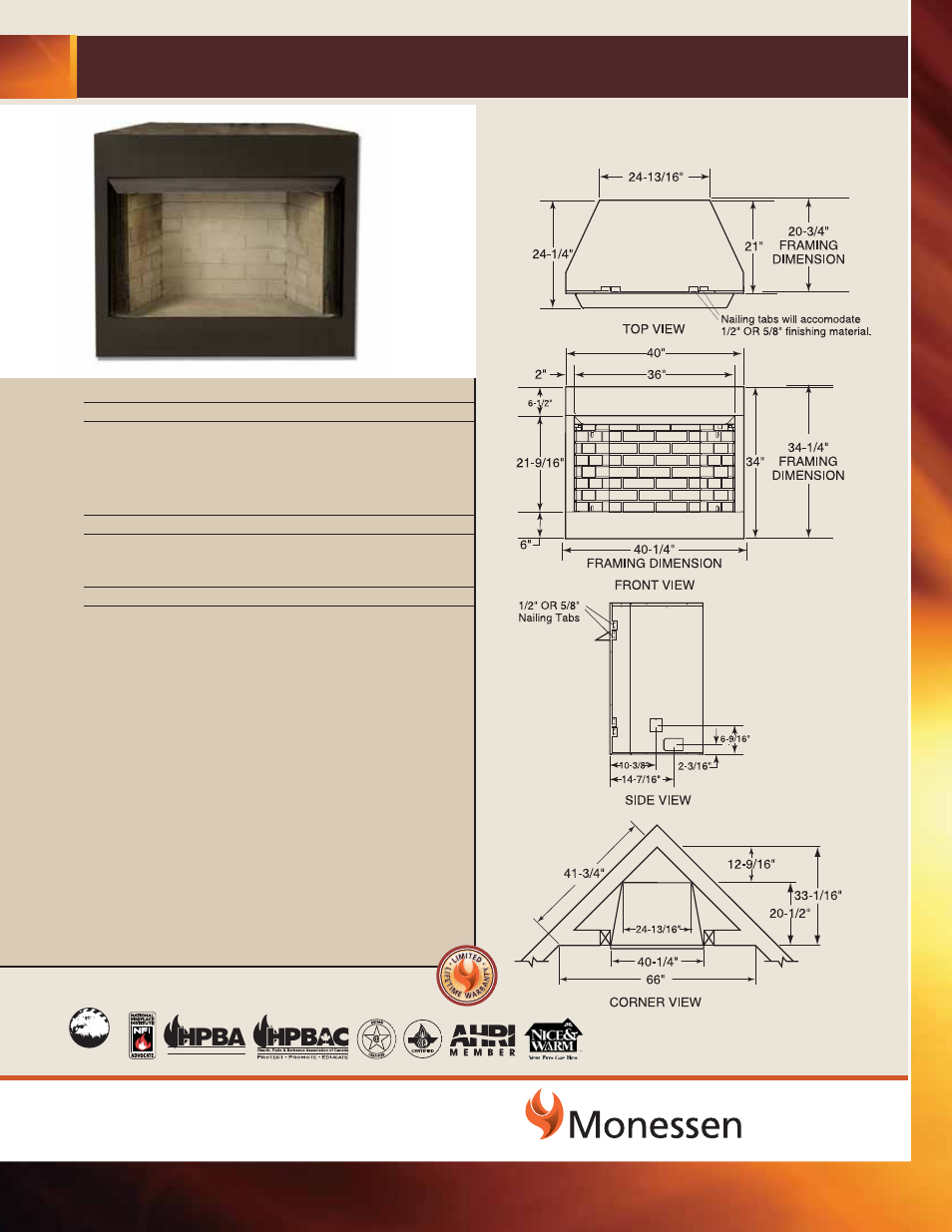 Monessen Hearth Unvented Vent-Free Fireboxes BUF400 User Manual | 1 page