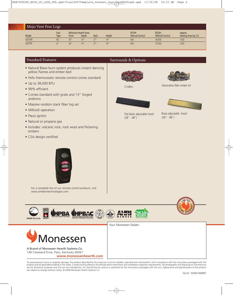 Monessen, Hpba | Monessen Hearth Mojo 7408INT User Manual | Page 2 / 2