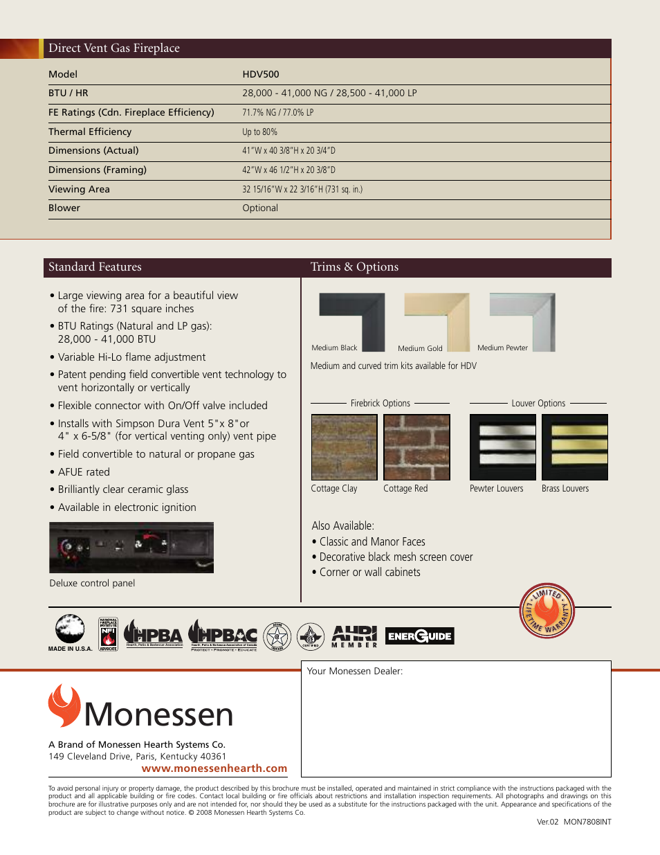 Monessen, Hpba | Monessen Hearth Direct Vent HDV500 User Manual | Page 2 / 2