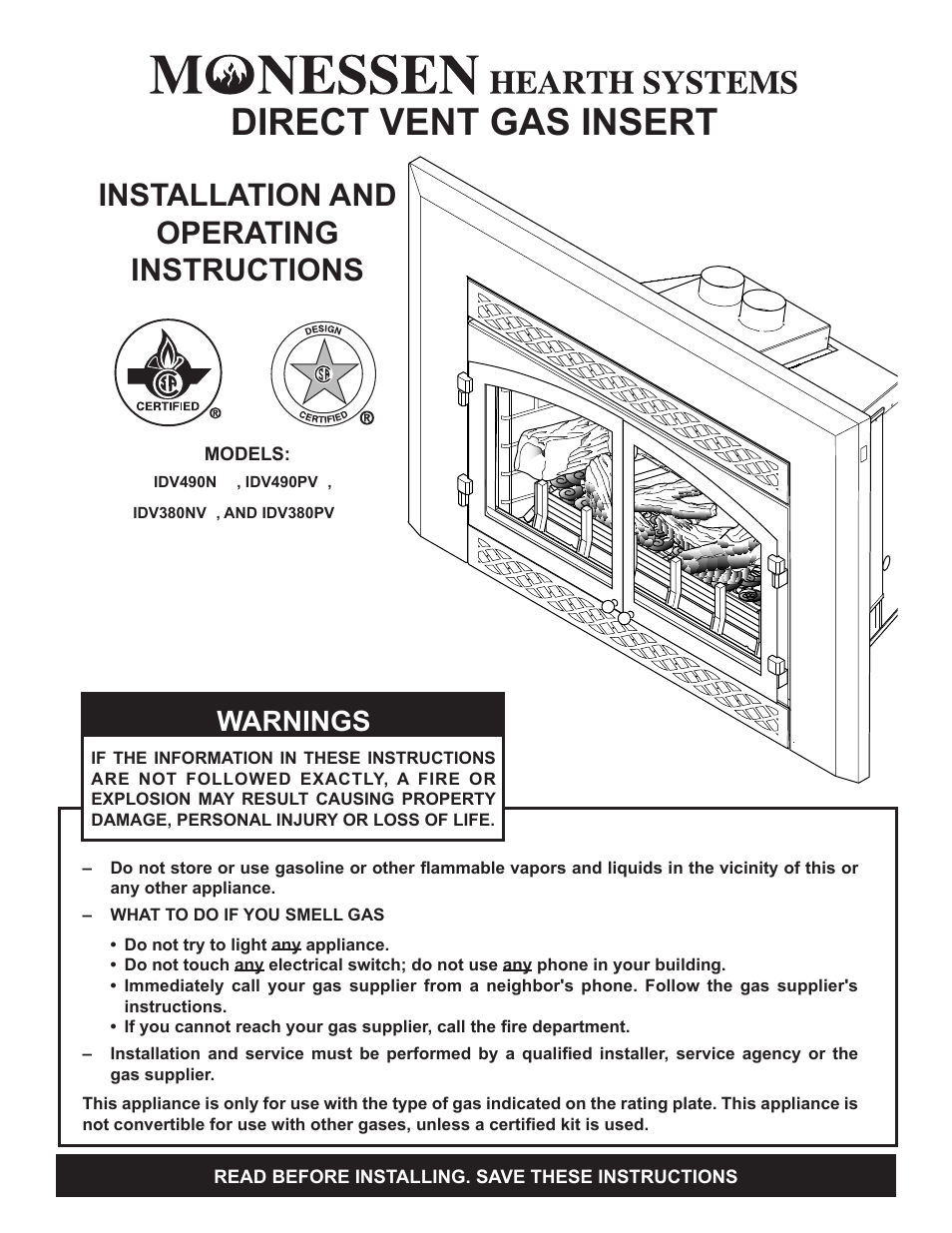 Monessen Hearth Direct Vent Gas Insert IDV490NVC User Manual | 40 pages