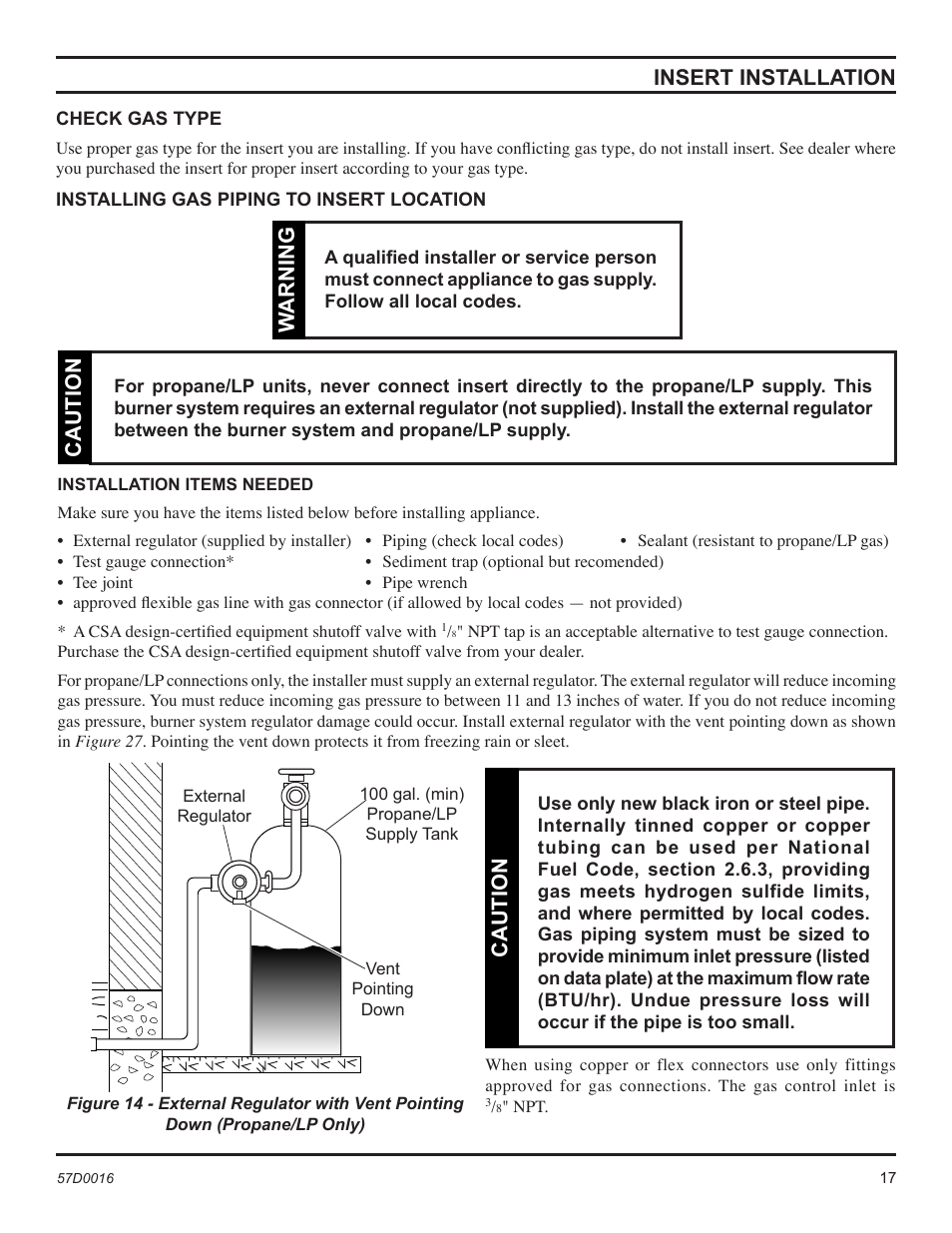 Caution insert installation, Caution, Warning | Monessen Hearth Direct Vent Gas Insert IDV490NVC User Manual | Page 17 / 40