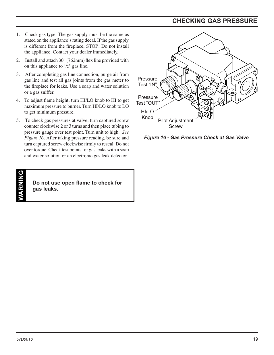 Checking gas pressure, Warning | Monessen Hearth Direct Vent Gas Insert IDV490NVC User Manual | Page 19 / 40