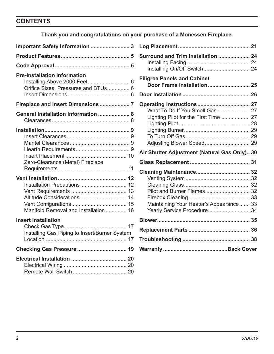Monessen Hearth Direct Vent Gas Insert IDV490NVC User Manual | Page 2 / 40