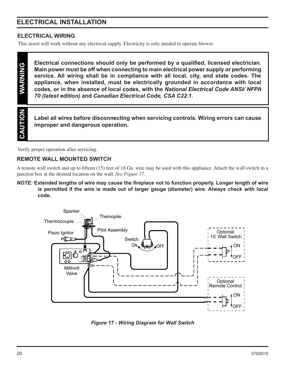 Electrical installation, Warning, Caution | Remote wall mounted switch | Monessen Hearth Direct Vent Gas Insert IDV490NVC User Manual | Page 20 / 40