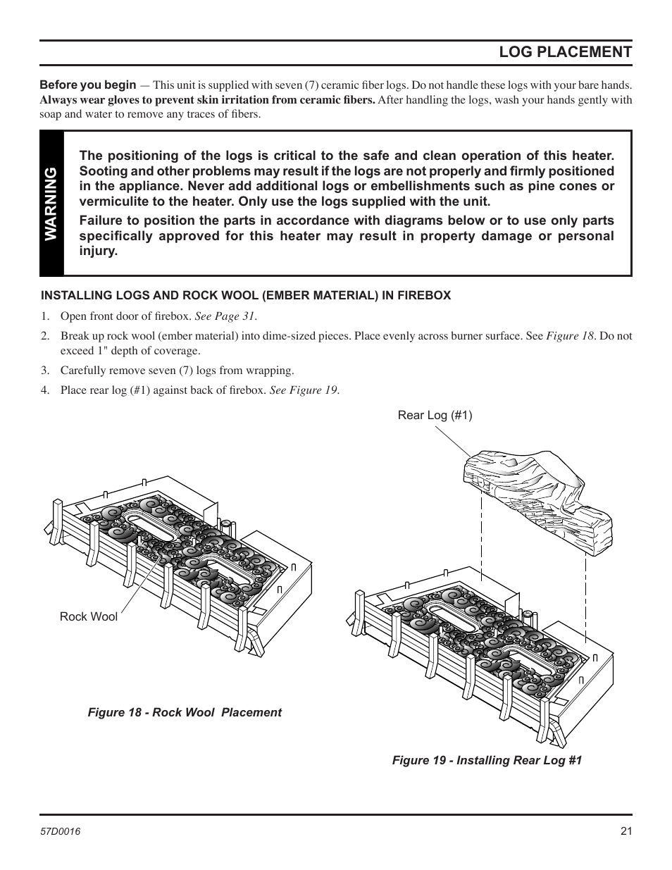 Log placement, Warning | Monessen Hearth Direct Vent Gas Insert IDV490NVC User Manual | Page 21 / 40