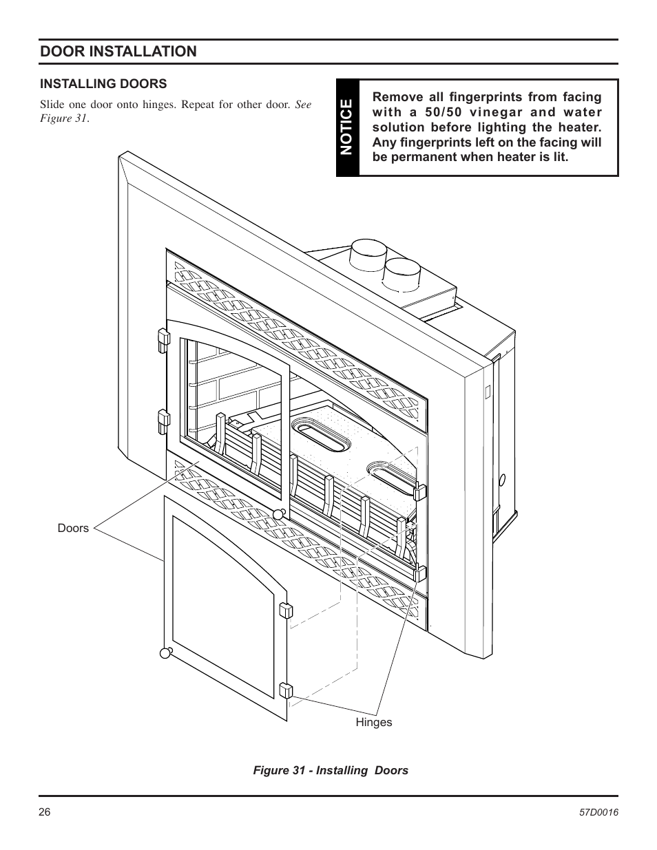 Notice, Door installation | Monessen Hearth Direct Vent Gas Insert IDV490NVC User Manual | Page 26 / 40