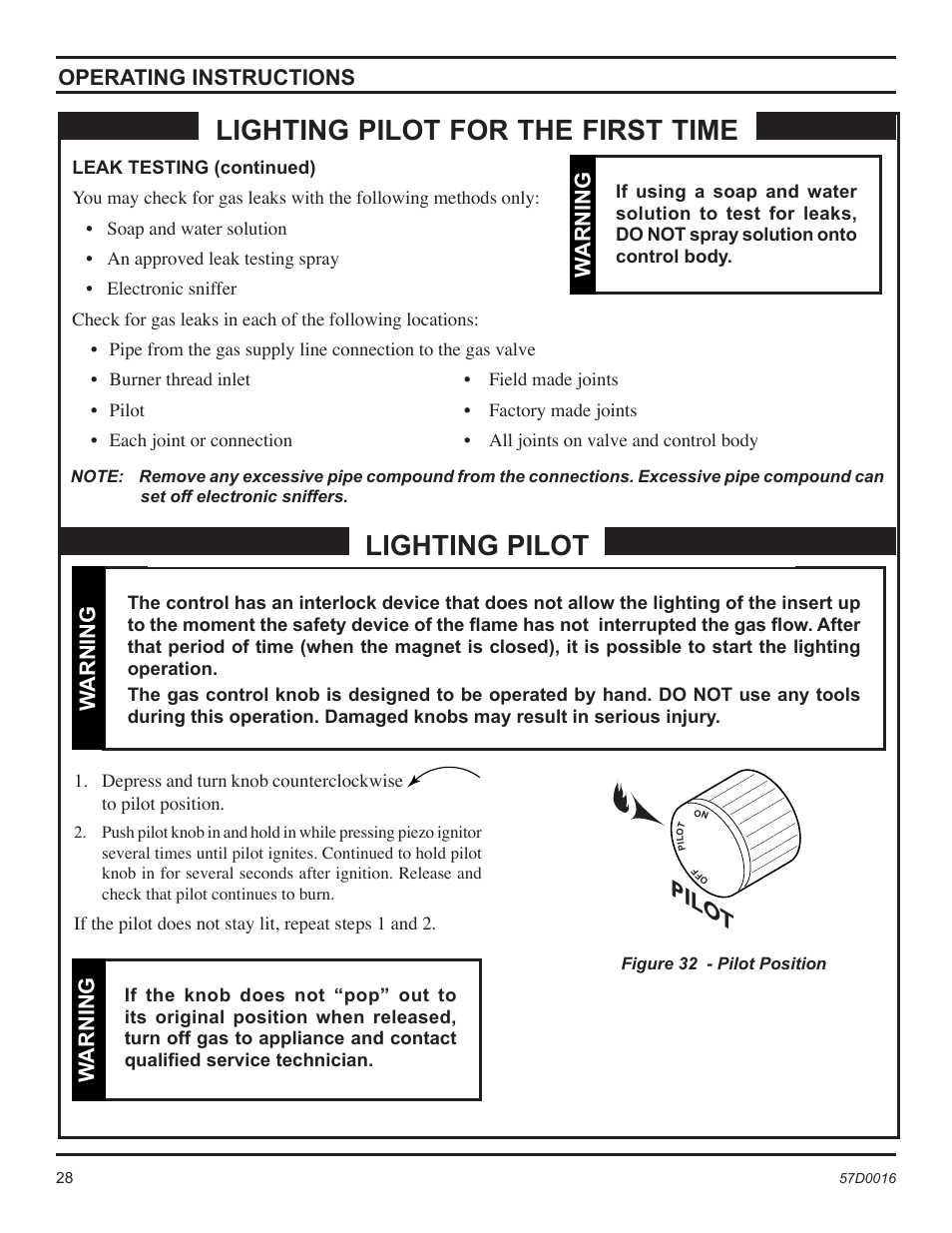 Lighting pilot for the first time, Lighting pilot, Pilo t | Operating instructions, Warning | Monessen Hearth Direct Vent Gas Insert IDV490NVC User Manual | Page 28 / 40