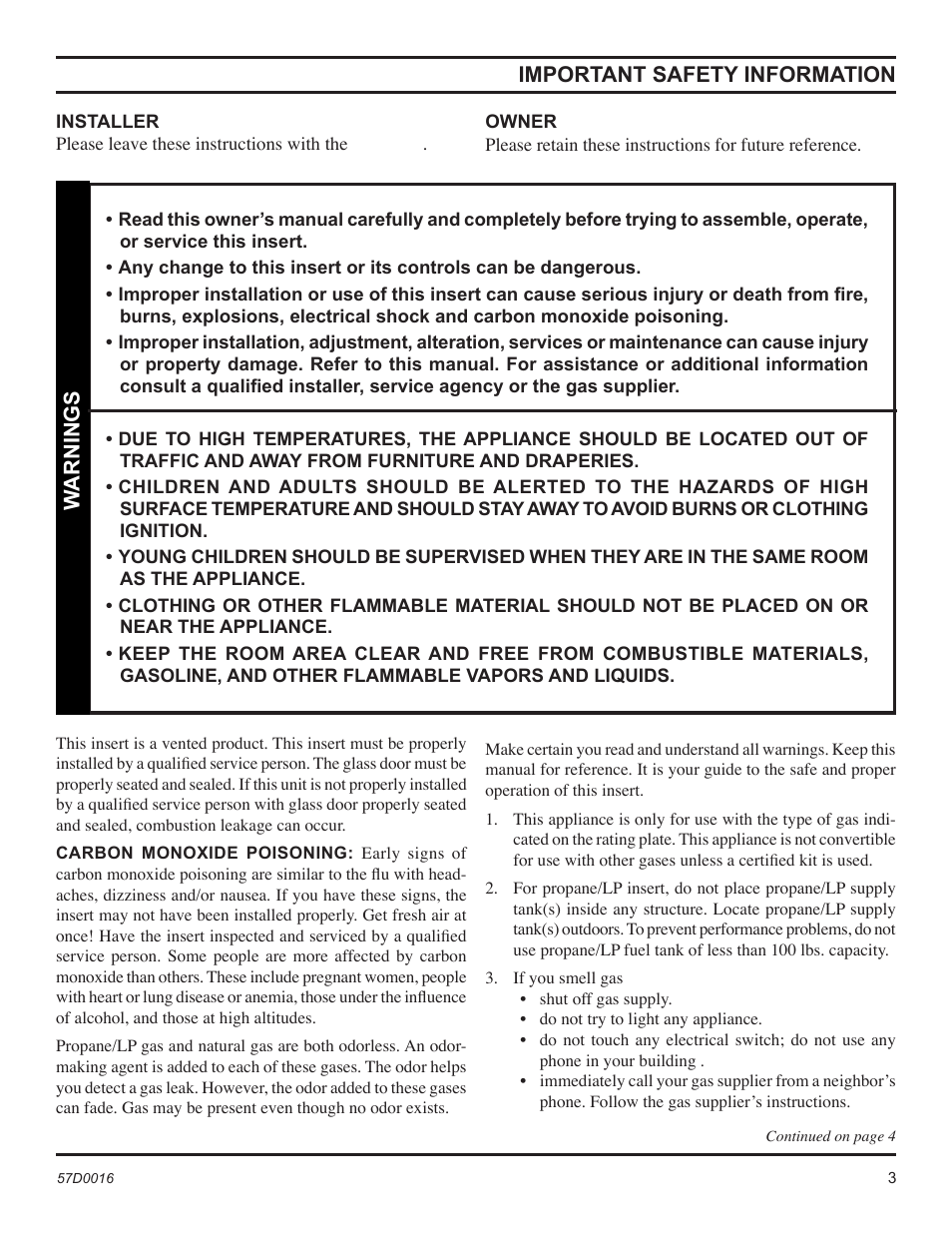 Important safety information, Warnings | Monessen Hearth Direct Vent Gas Insert IDV490NVC User Manual | Page 3 / 40