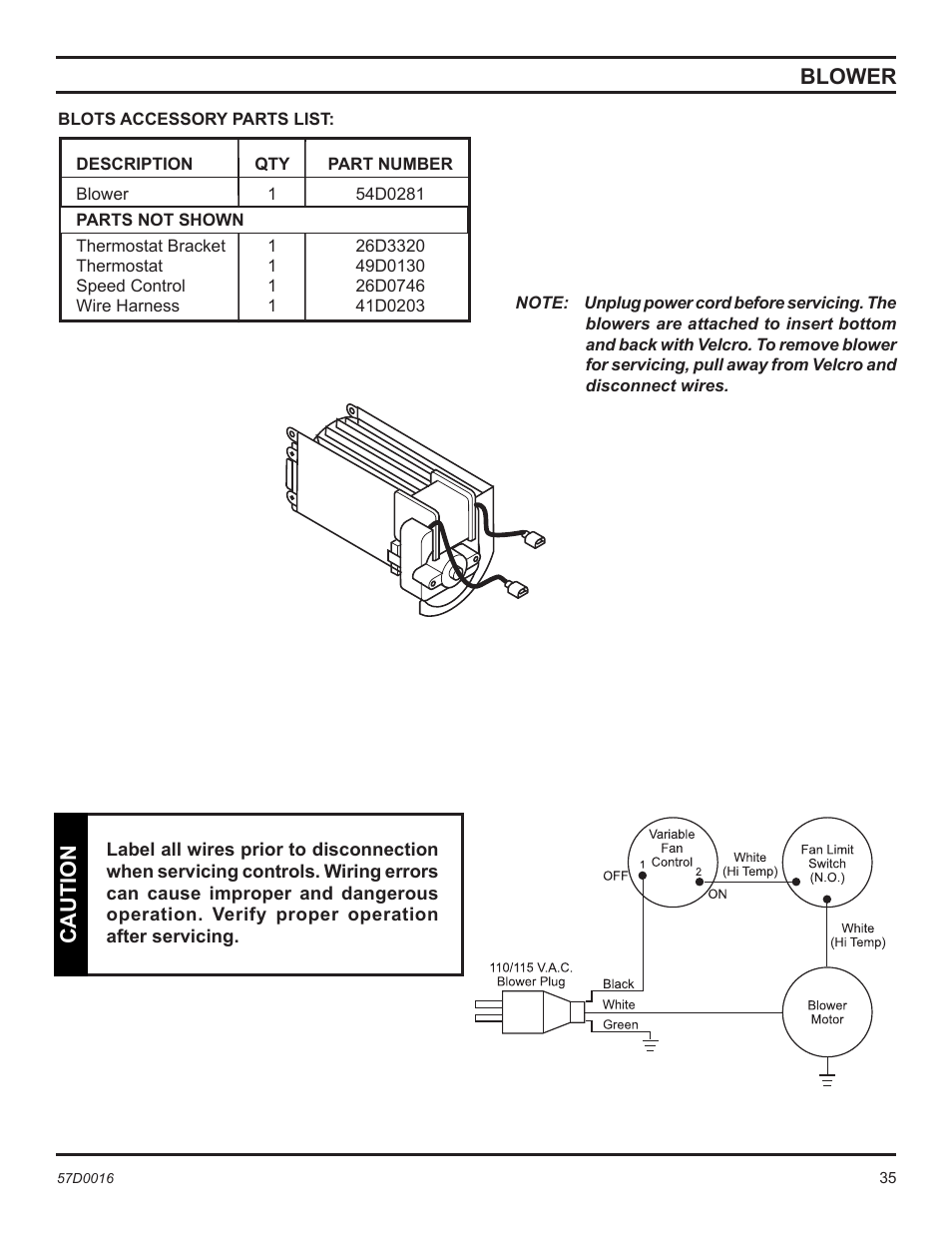 Blower, Caution | Monessen Hearth Direct Vent Gas Insert IDV490NVC User Manual | Page 35 / 40