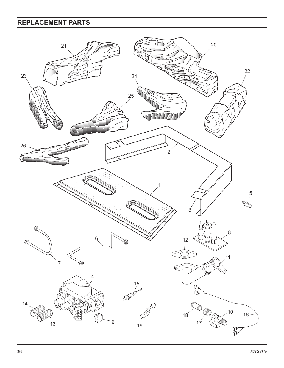 Replacement parts | Monessen Hearth Direct Vent Gas Insert IDV490NVC User Manual | Page 36 / 40