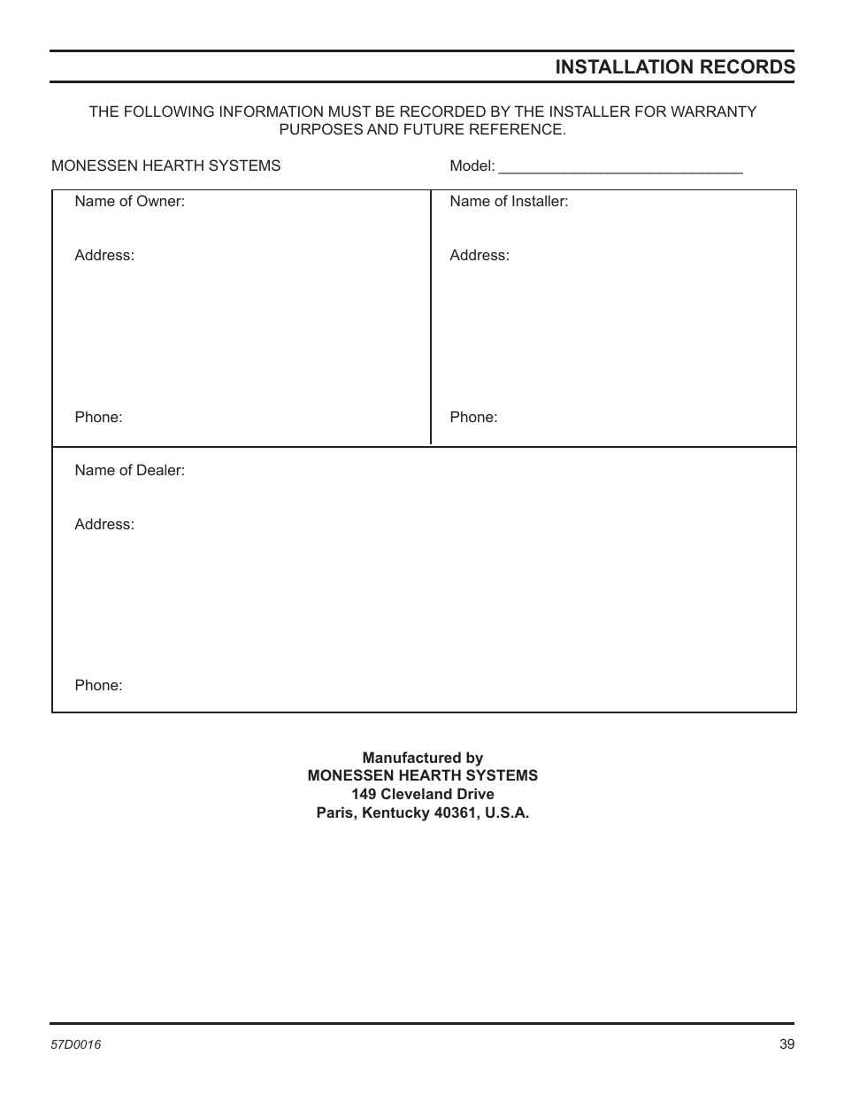 Installation records | Monessen Hearth Direct Vent Gas Insert IDV490NVC User Manual | Page 39 / 40
