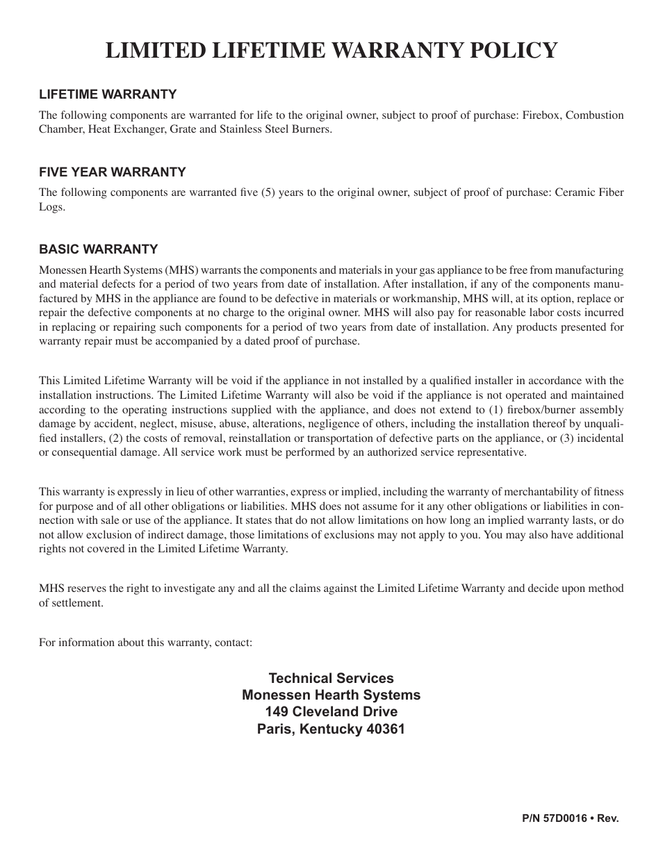 Limited lifetime warranty policy | Monessen Hearth Direct Vent Gas Insert IDV490NVC User Manual | Page 40 / 40
