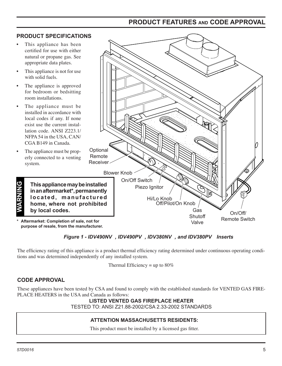 Product features, Code approval, Warning | Monessen Hearth Direct Vent Gas Insert IDV490NVC User Manual | Page 5 / 40
