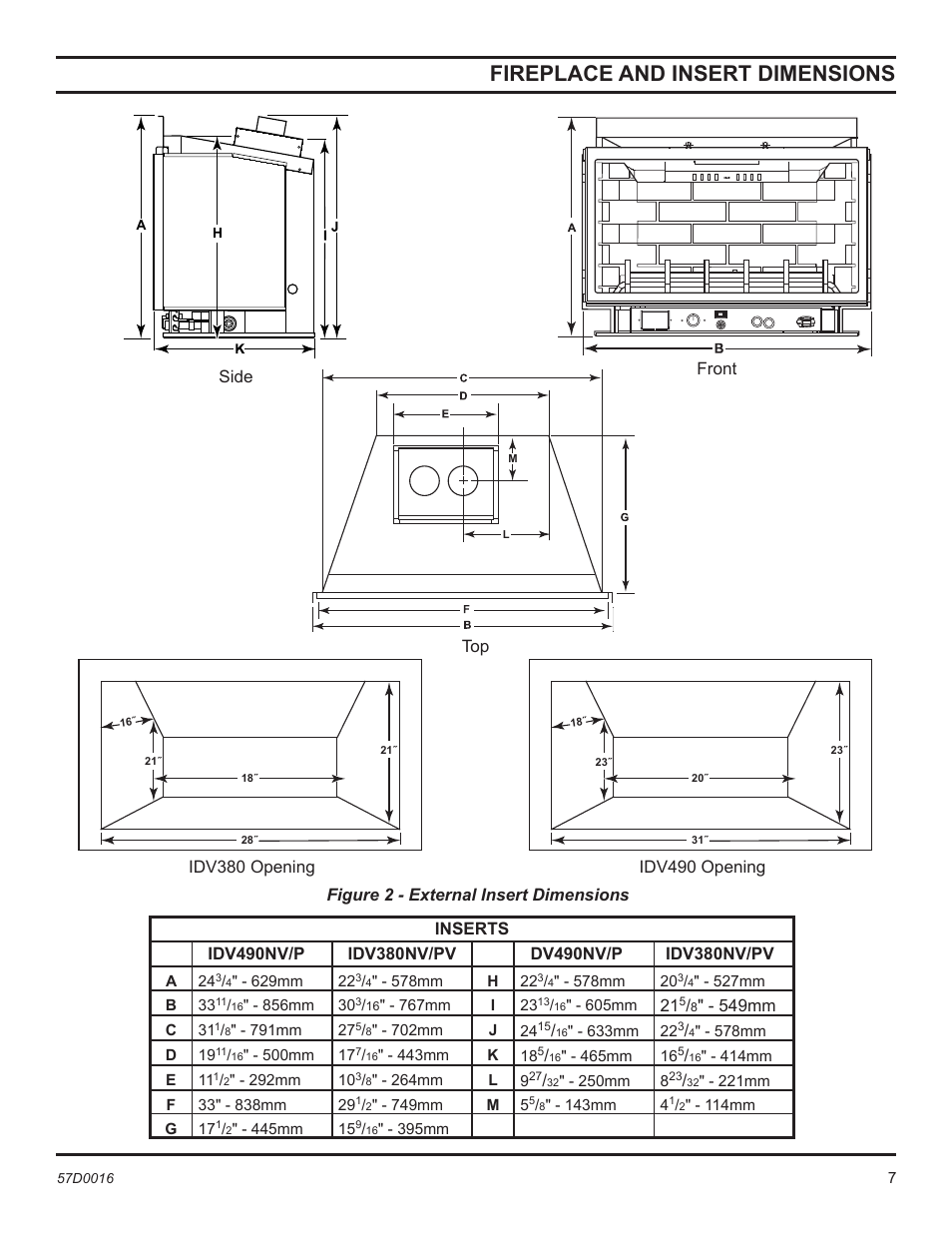 Fireplace and insert dimensions, Top side, Front | 549mm | Monessen Hearth Direct Vent Gas Insert IDV490NVC User Manual | Page 7 / 40