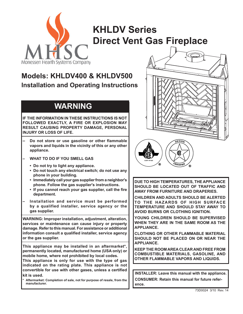 Monessen Hearth DIRECT VENT GAS FIREPLACE KHLDV400 User Manual | 64 pages