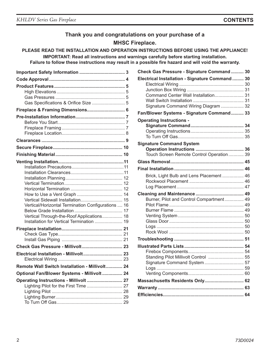 Monessen Hearth DIRECT VENT GAS FIREPLACE KHLDV400 User Manual | Page 2 / 64