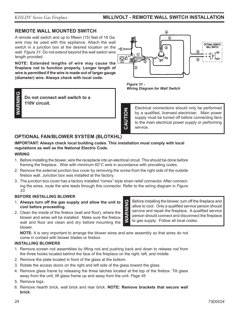 Khldv series gas fireplace, Remote wall mounted switch, Caut ion | Warn in g, W arn in g | Monessen Hearth DIRECT VENT GAS FIREPLACE KHLDV400 User Manual | Page 24 / 64