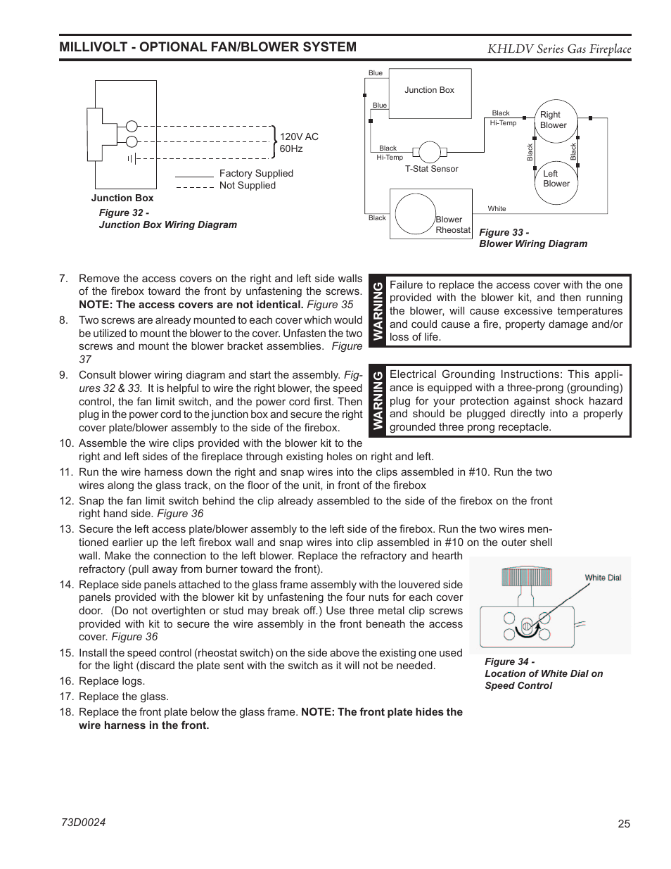 Khldv series gas fireplace, Millivolt - optional fan/blower system | Monessen Hearth DIRECT VENT GAS FIREPLACE KHLDV400 User Manual | Page 25 / 64