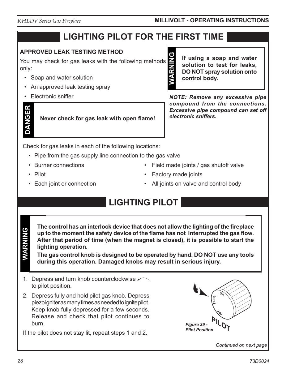 Lighting pilot, Lighting pilot for the first time, Pilot | Monessen Hearth DIRECT VENT GAS FIREPLACE KHLDV400 User Manual | Page 28 / 64