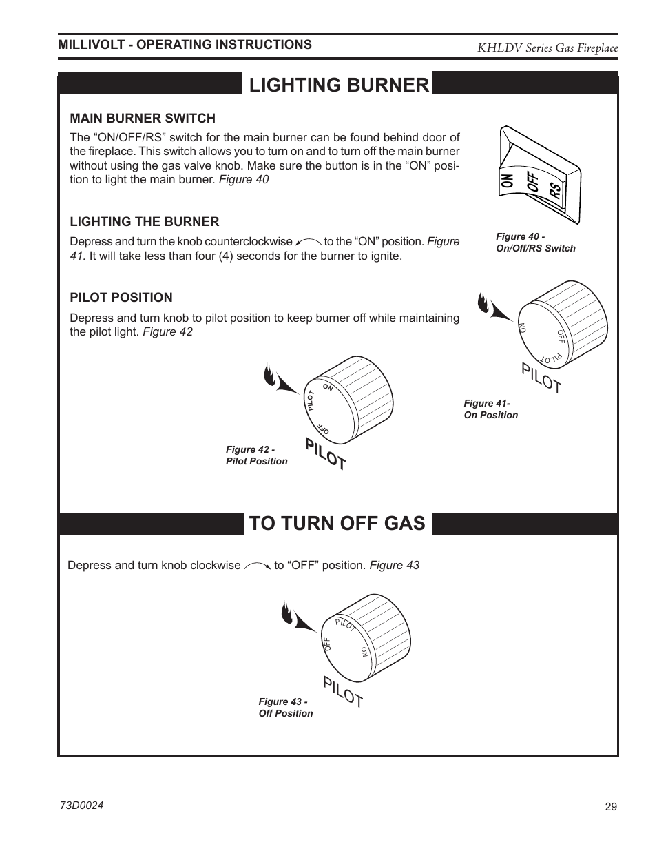 Lighting burner, Pilot | Monessen Hearth DIRECT VENT GAS FIREPLACE KHLDV400 User Manual | Page 29 / 64