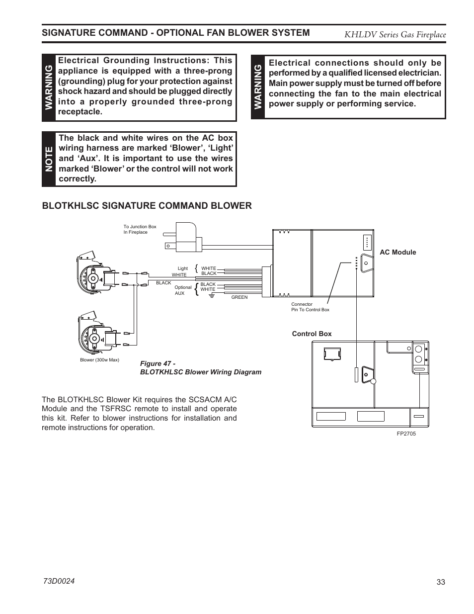 Fp2684 blotkhlsc fan wiring, Warn in g, Blotkhlsc signature command blower | Monessen Hearth DIRECT VENT GAS FIREPLACE KHLDV400 User Manual | Page 33 / 64
