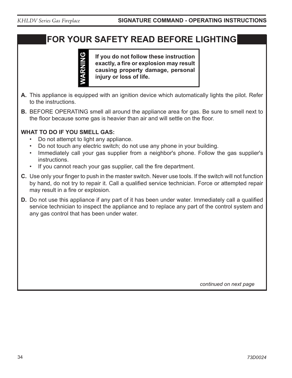For your safety read before lighting | Monessen Hearth DIRECT VENT GAS FIREPLACE KHLDV400 User Manual | Page 34 / 64
