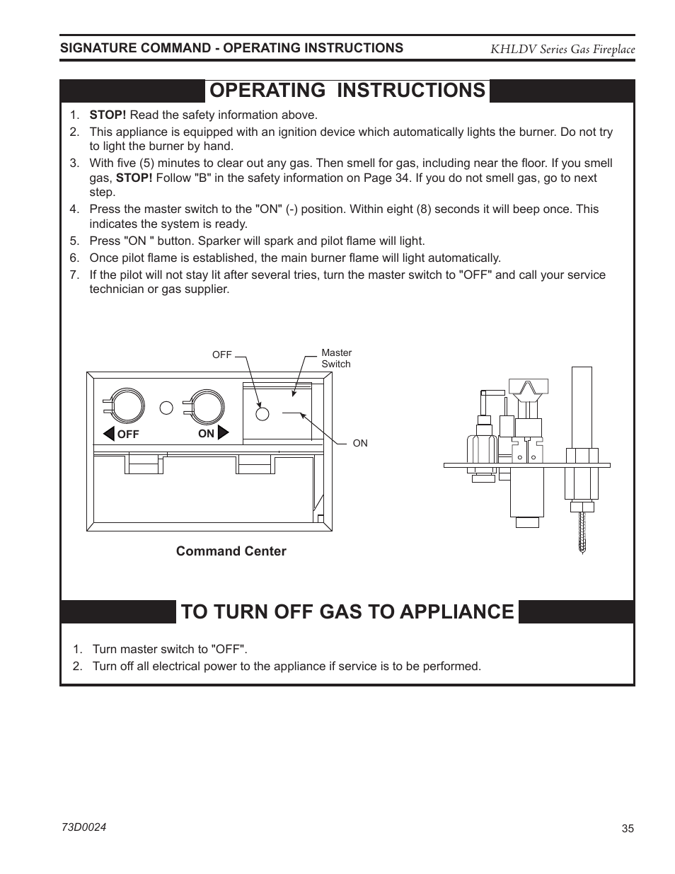 Operating instructions | Monessen Hearth DIRECT VENT GAS FIREPLACE KHLDV400 User Manual | Page 35 / 64
