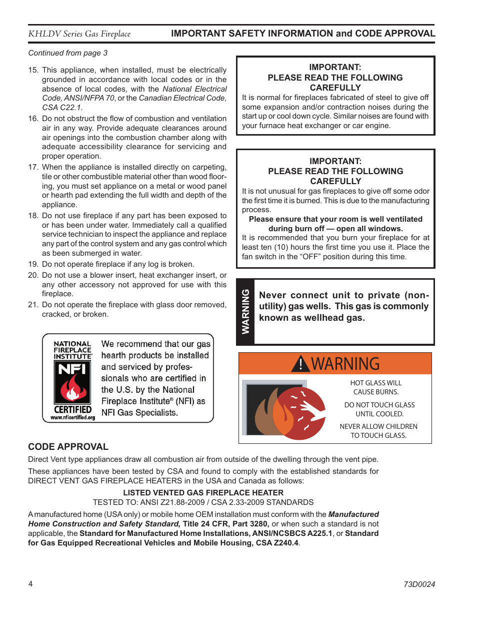 Warning | Monessen Hearth DIRECT VENT GAS FIREPLACE KHLDV400 User Manual | Page 4 / 64