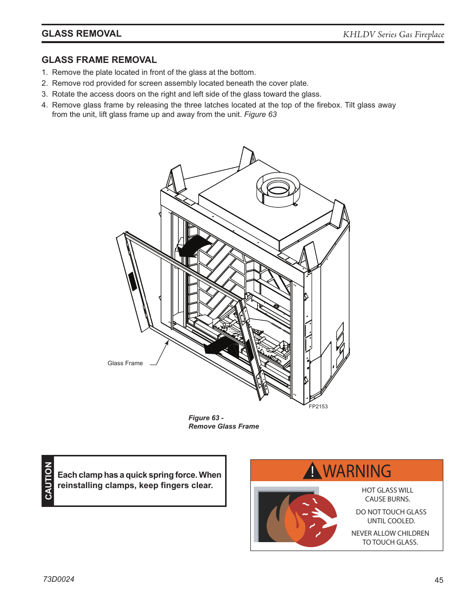 Warning, Fp2153 remove glass frame | Monessen Hearth DIRECT VENT GAS FIREPLACE KHLDV400 User Manual | Page 45 / 64